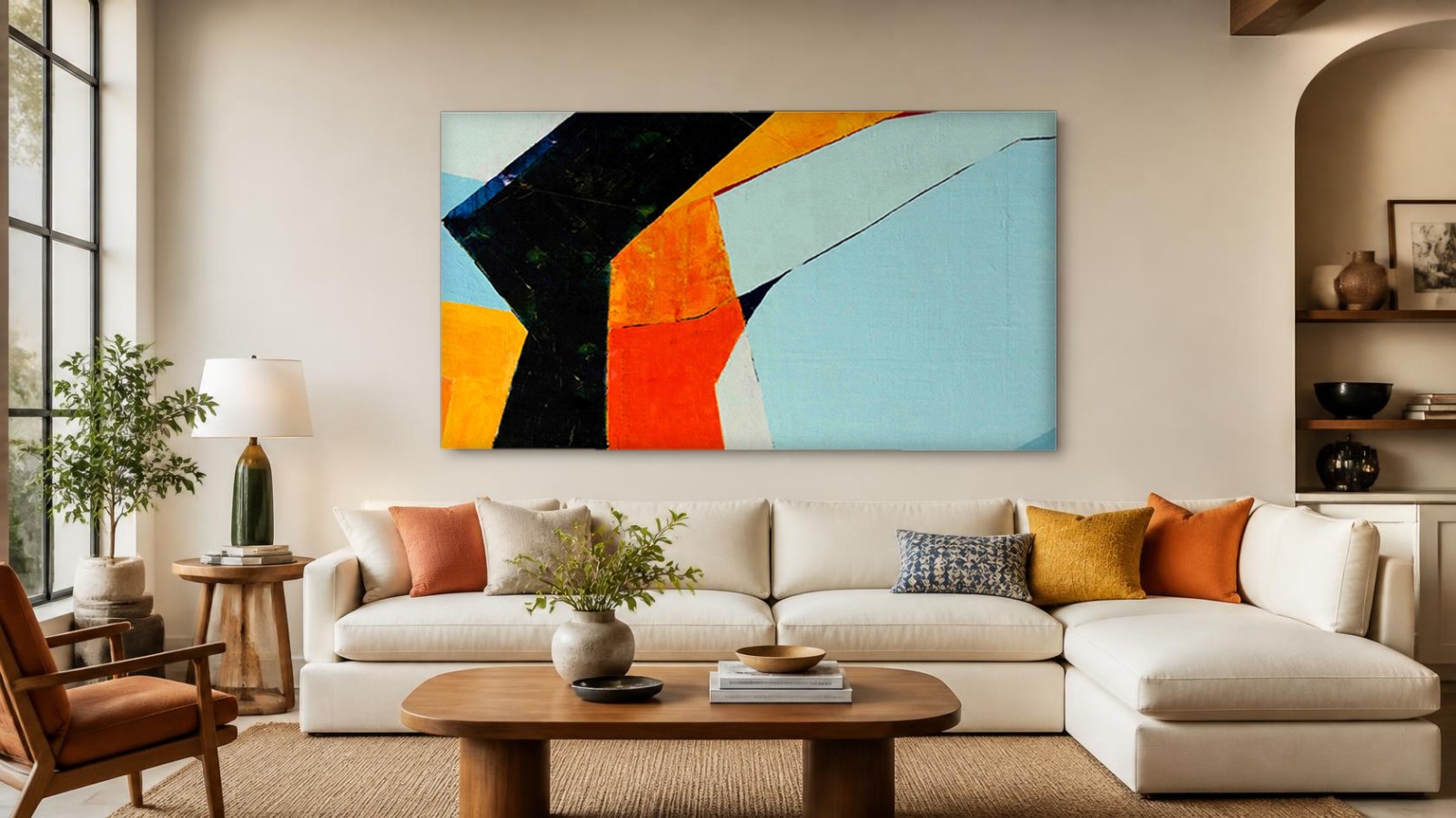 CAS602-1 Geometrische Vlakken in Oranje en Blauw, Abstract & Modern schilderij aan de muur in interieur