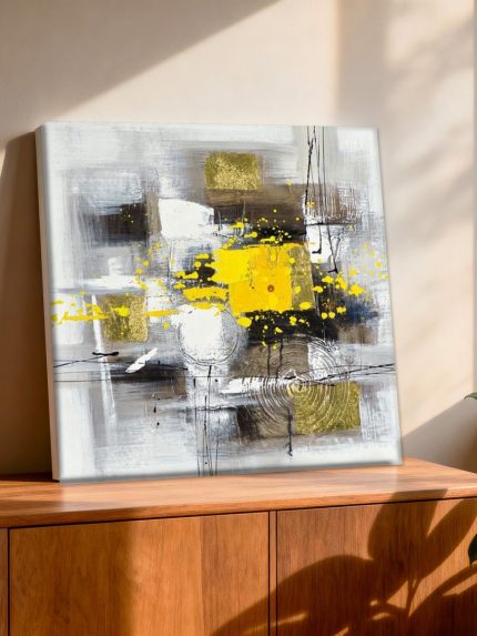 Gele Sprankeling, Abstract & Modern schilderij aan de muur in interieur