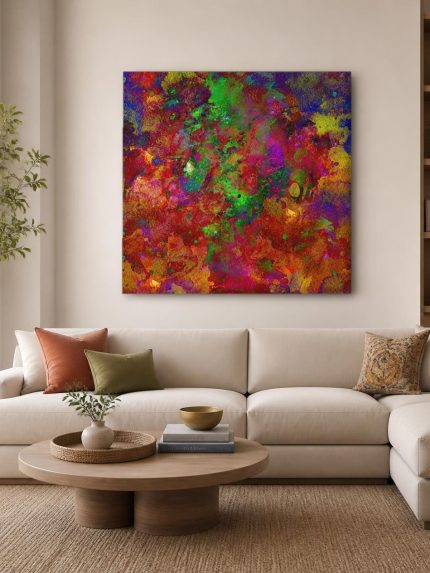 Kleurexplosie in Rood en Groen, Abstract & Modern schilderij aan de muur in interieur