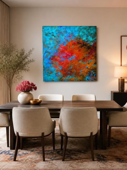 Vuur in Turquoise, Abstract & Modern schilderij aan de muur in interieur