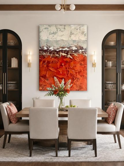 Rood veld in de kou, Abstract & Modern schilderij aan de muur in interieur