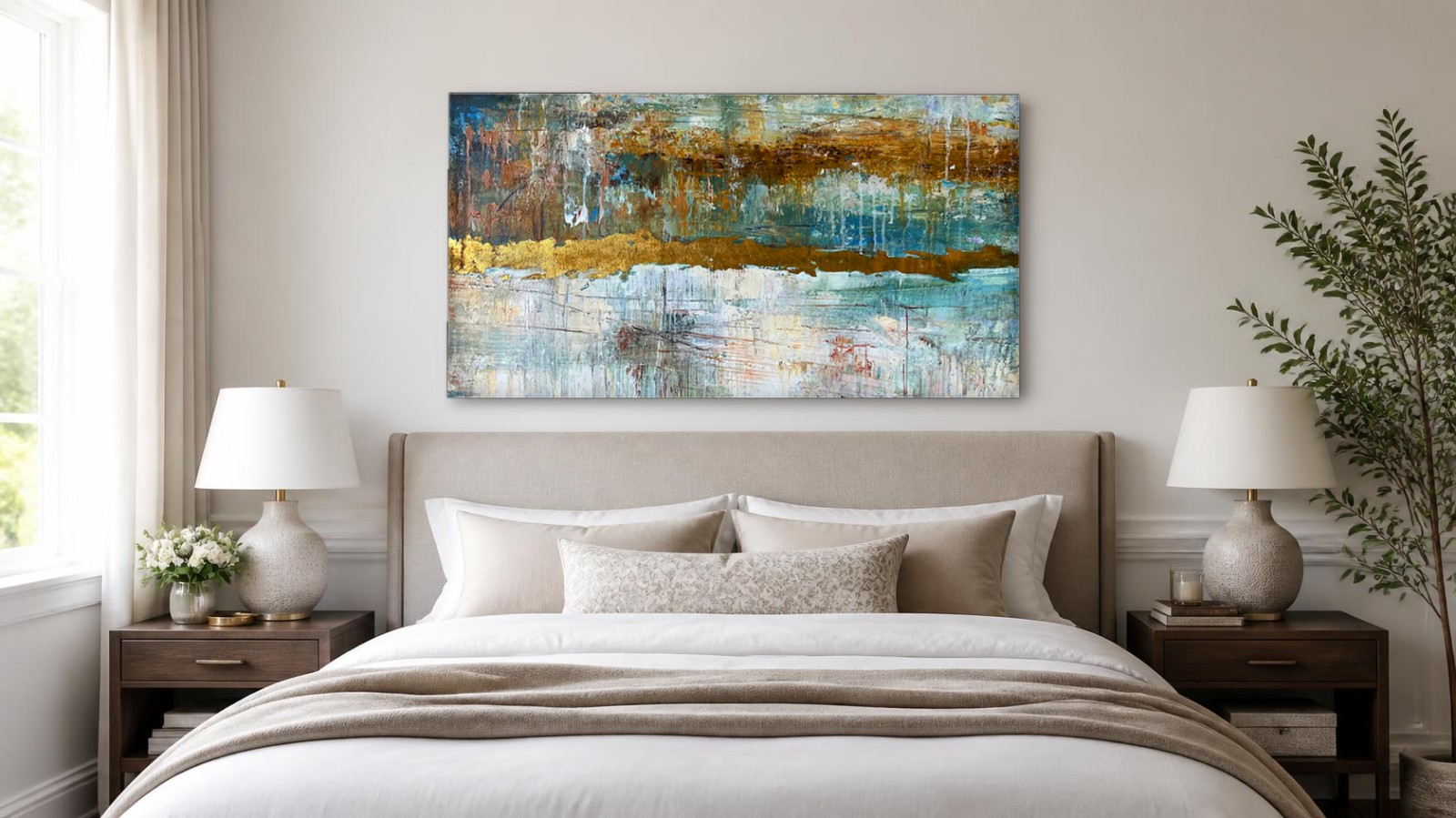 CAS697-1 Gouden Horizonlijnen, Abstract & Modern schilderij aan de muur in interieur