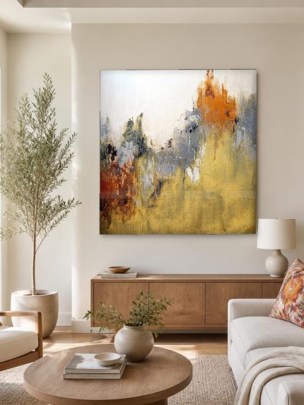 Okergouden Textuur, Abstract & Modern schilderij aan de muur in interieur