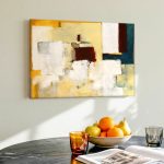 Kleurvlakken in Oker en Bordeaux, Abstract & Modern schilderij aan de muur in interieur