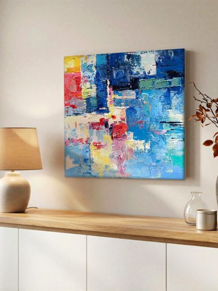 Kleurexplosie in Blauw, Abstract & Modern schilderij aan de muur in interieur