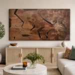 Aardse Lijnenspel, Abstract & Modern schilderij aan de muur in interieur