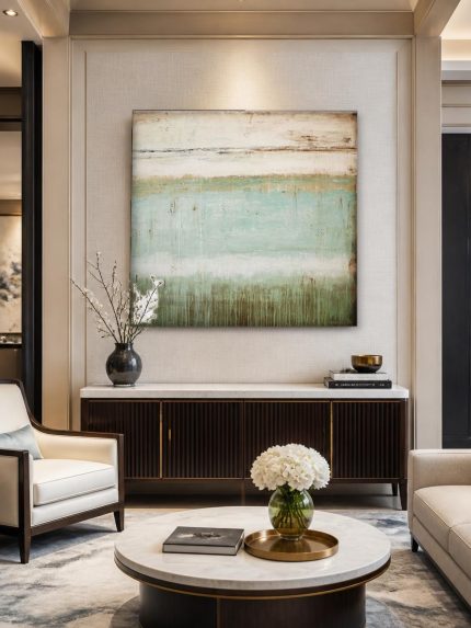Turkooizen Horizon, Abstract & Modern schilderij aan de muur in interieur
