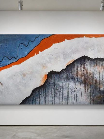 Breuklijn in Oranje, Abstract & Modern schilderij aan de muur in interieur