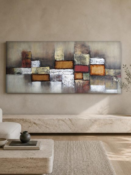 Geometrisch Spel in Aardetinten, Abstract & Modern schilderij aan de muur in interieur