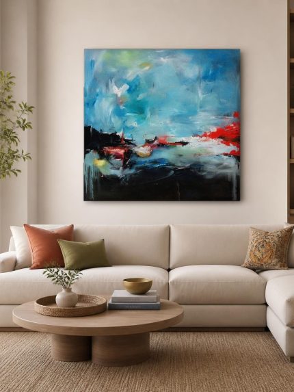 Turkoois Tumult, Abstract & Modern schilderij aan de muur in interieur