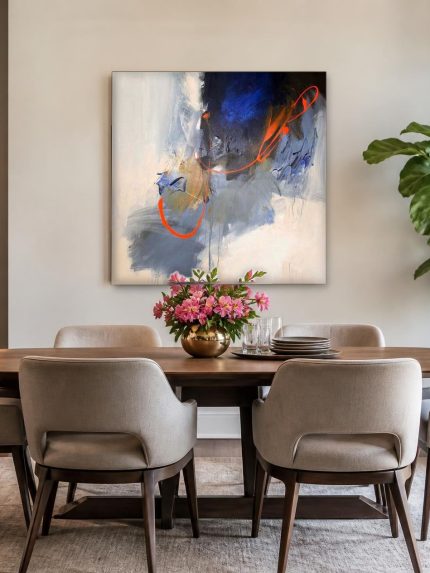 Oranje Cirkels in Blauw, Abstract & Modern schilderij aan de muur in interieur