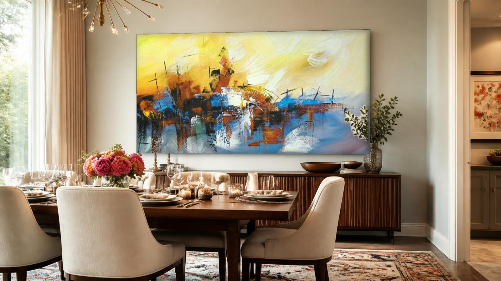 CAS768-1 Gouden Horizon in Kleurvlakken, Abstract & Modern schilderij aan de muur in interieur