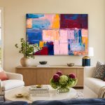 Kleurvlakken in Blauw en Oker, Abstract & Modern schilderij aan de muur in interieur