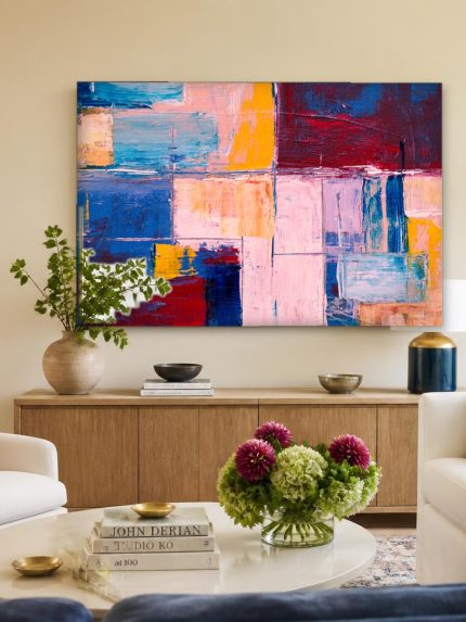 Kleurvlakken in Blauw en Oker, Abstract & Modern schilderij aan de muur in interieur