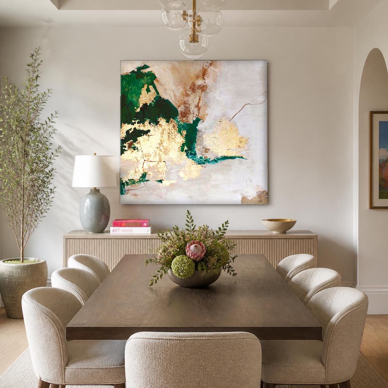 CAS786-1 Smaragdgroen en Bladgoud, Abstract & Modern schilderij aan de muur in interieur