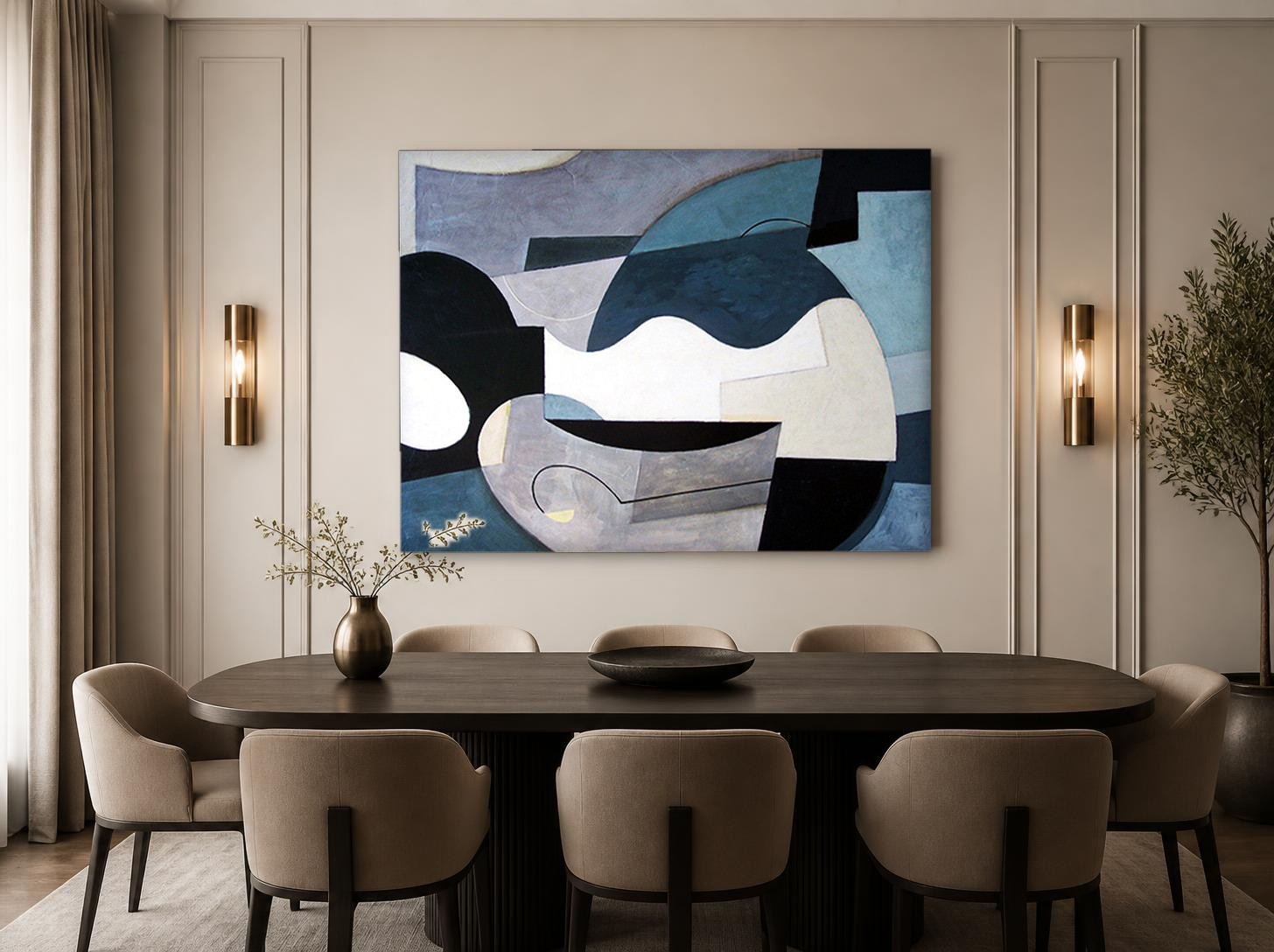 CAS792-1 Geometrisch Spel in Blauwgrijs, Abstract & Modern schilderij aan de muur in interieur