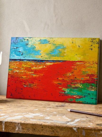 Rood Veld onder Kleurrijke Hemel, Natuur & Landschap schilderij aan de muur in interieur