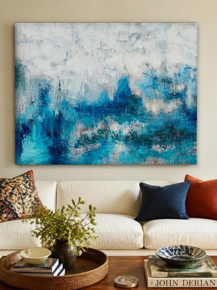 Turquoise Textuurweving, Abstract & Modern schilderij aan de muur in interieur