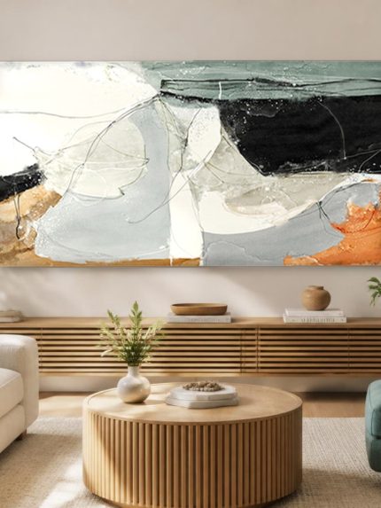Abstracte Lijnenspel in Grijs, Abstract & Modern schilderij aan de muur in interieur