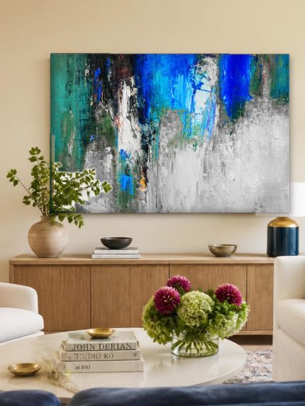 Blauwe Impressie, Abstract & Modern schilderij aan de muur in interieur