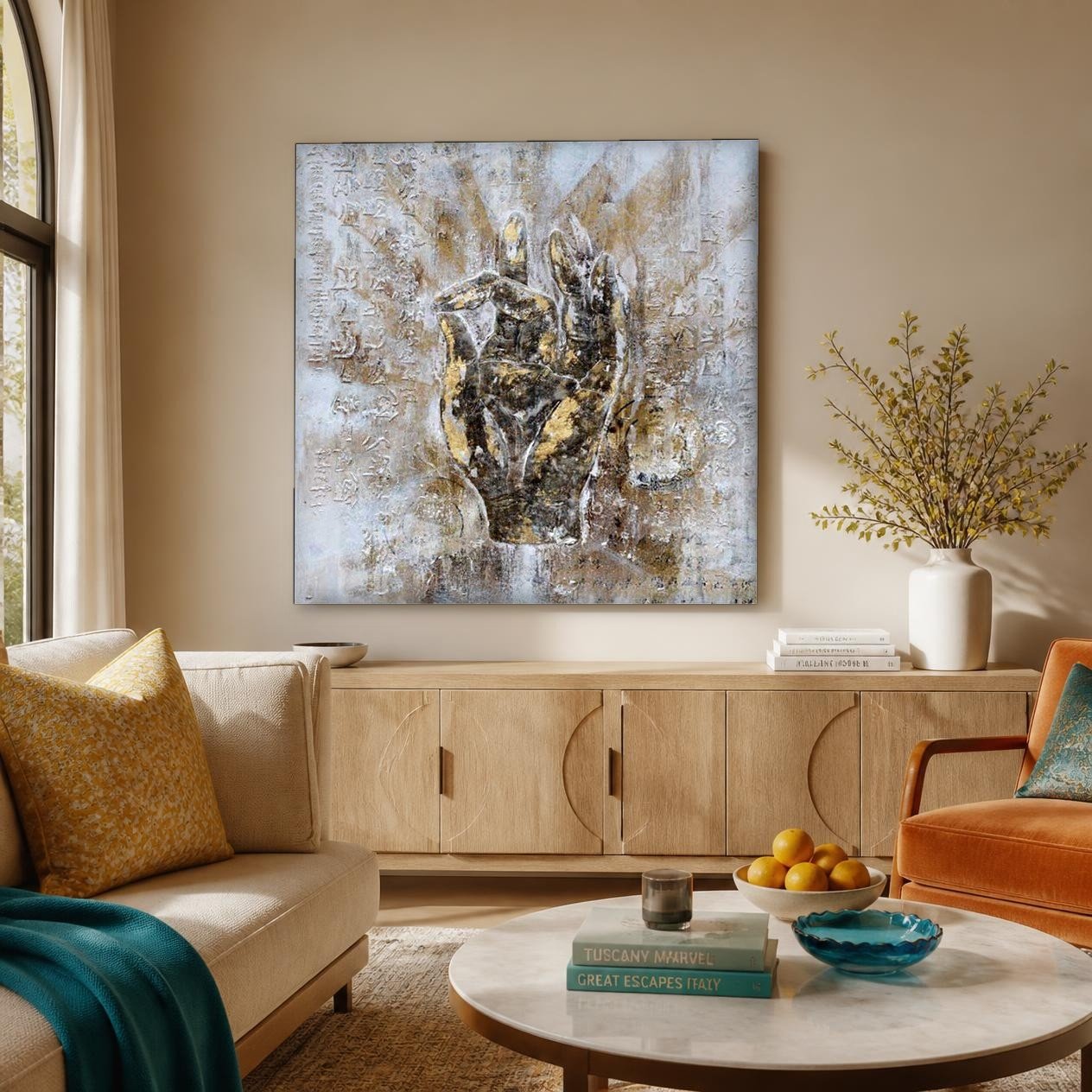 CAS828-1 Hand van Goud, Abstract & Modern schilderij aan de muur in interieur