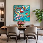 Koikarpers in Turquoise Water, Dieren schilderij aan de muur in interieur