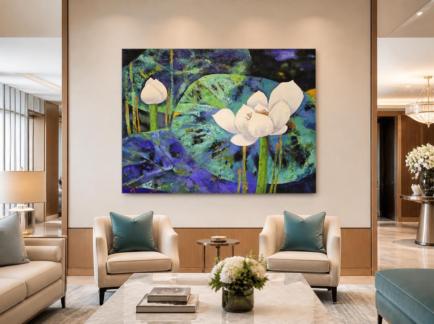 CAS839-1 Lotusbloemen in Nachtblauw, Bloemen & Stilleven schilderij aan de muur in interieur