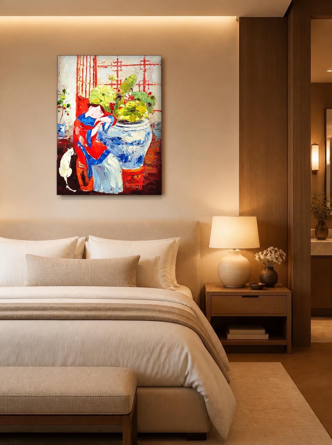 CAS842-1 Rustend bij de Chinese Vaas, Bloemen & Stilleven schilderij aan de muur in interieur