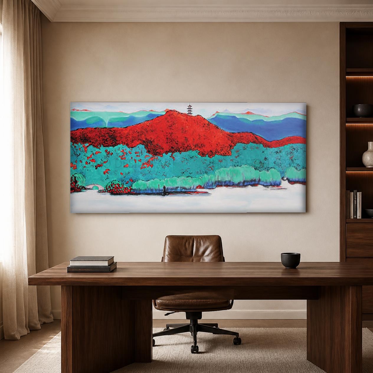 CAS850-1 Rode Bergtop met Verscholen Pagode, Natuur & Landschap schilderij aan de muur in interieur