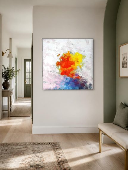 Kleurexplosie in wit, Abstract & Modern schilderij aan de muur in interieur