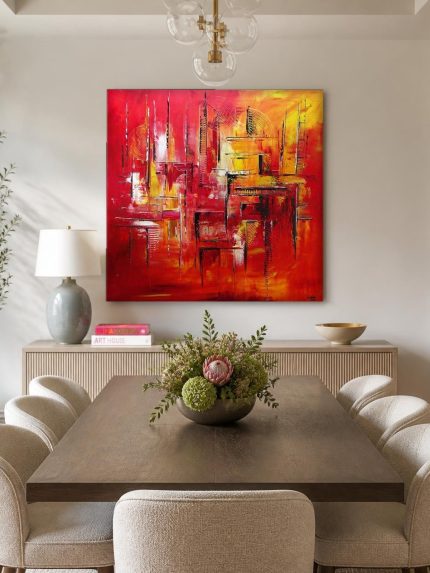 Rood Kleurenspel, Abstract & Modern schilderij aan de muur in interieur