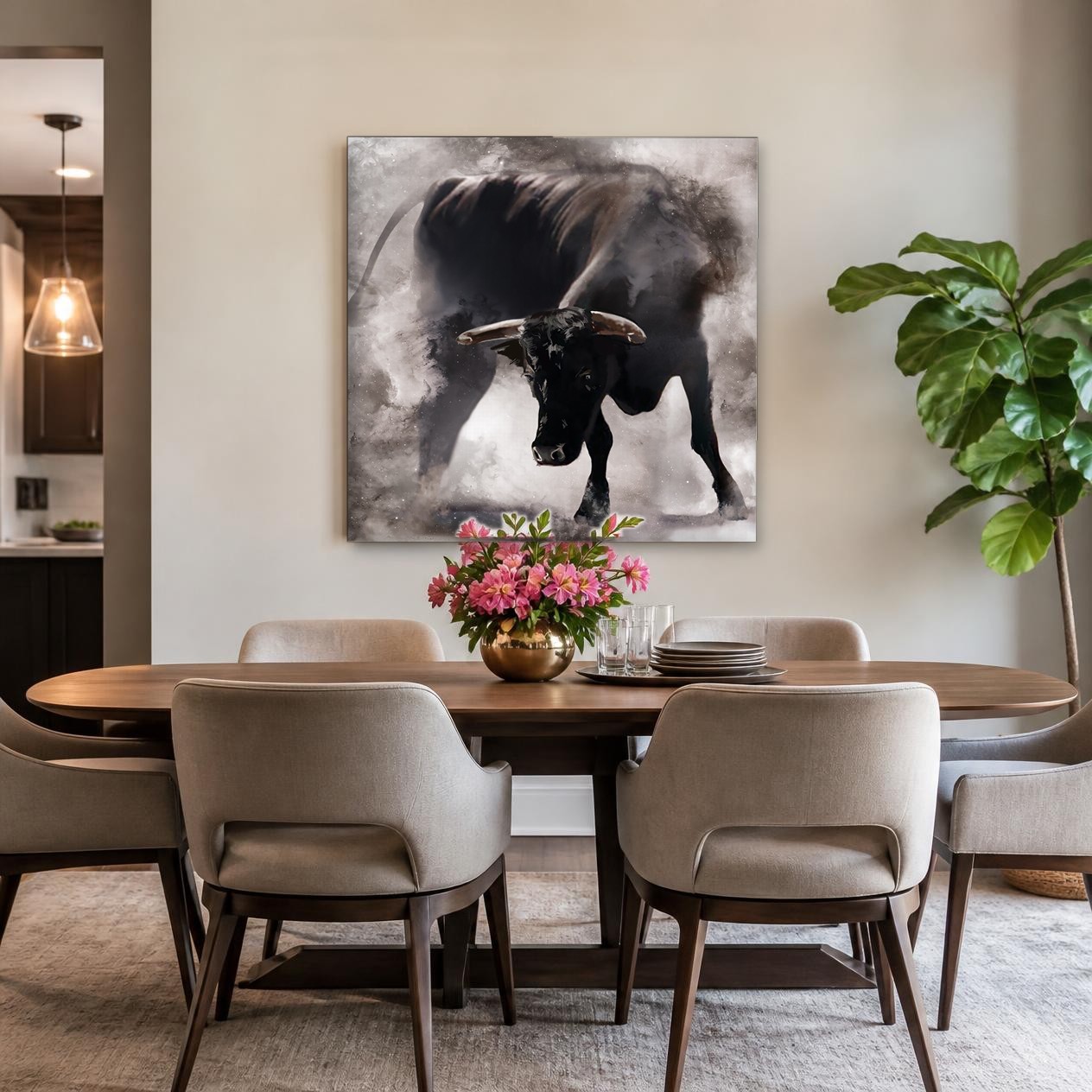 CAS995-1 Stier in Grijze Nevel, Dieren schilderij aan de muur in interieur