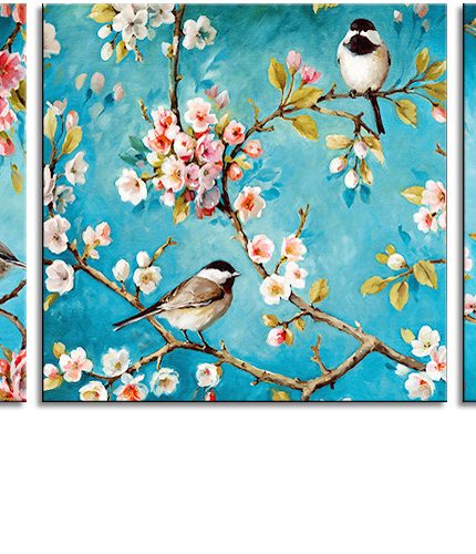 Mezen tussen kersenbloesem, handgeschilderd olieverfschilderij met vogels en bloesem