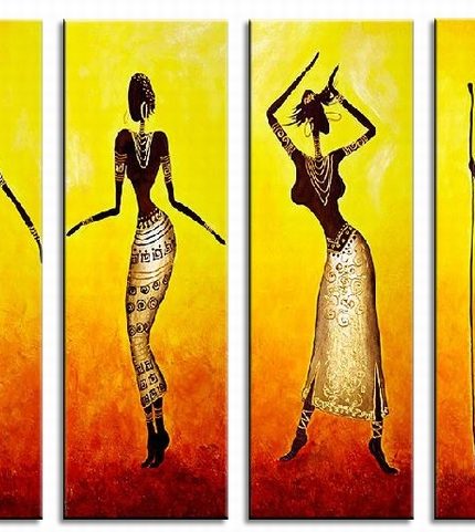 Afrikaanse Danseressen in Silhouet, handgeschilderd olieverfschilderij met dansende vrouwensilhouetten