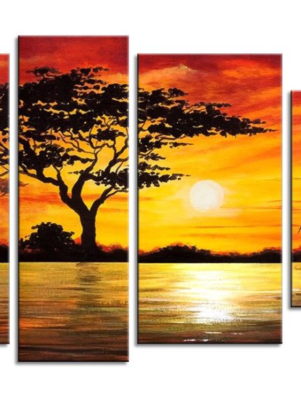 Giraffe en Olifanten in Avondgloed, handgeschilderd olieverfschilderij met giraffe en olifanten bij zonsondergang