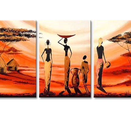 Wandeling door de Savanne bij Zonsondergang, handgeschilderd olieverfschilderij met Afrikaanse silhouetten