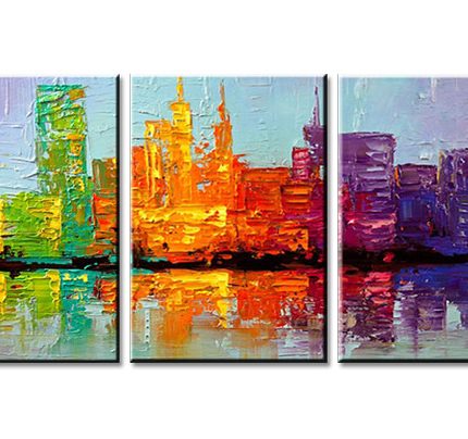 Kleurrijke Stadshorizon, handgeschilderd olieverfschilderij met skyline