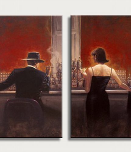 Avond aan de Bar, handgeschilderd olieverfschilderij met man en vrouw aan de bar