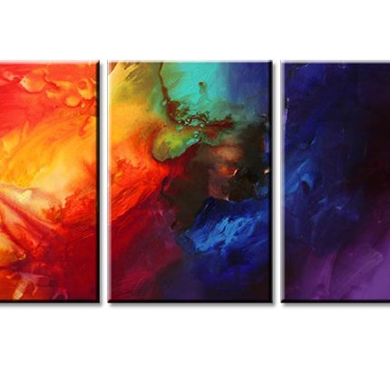 Kleurexplosie in Drie Delen, handgeschilderd olieverfschilderij met kleurvlakken