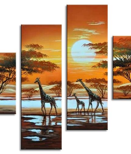 Giraffen bij zonsondergang op de savanne, handgeschilderd olieverfschilderij met giraffen