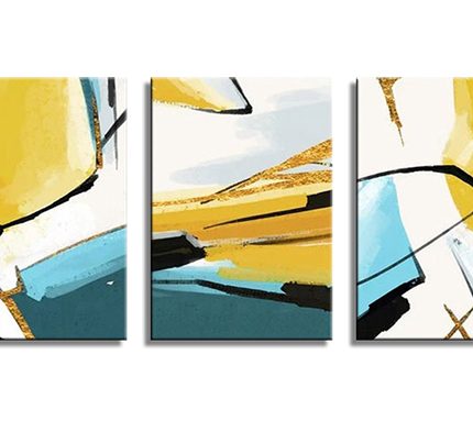 Gouden Vlakken Triptiek, handgeschilderd olieverfschilderij met abstracte kleurvlakken