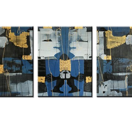 Blauwe Reflectie in Drieluik, handgeschilderd olieverfschilderij met abstracte compositie