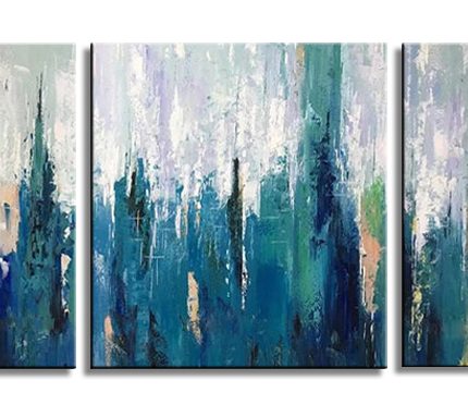 Blauwgroene Textuurstroom, handgeschilderd olieverfschilderij met verticale kleurbanen