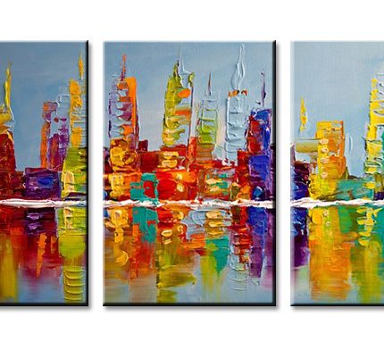 Kleurrijke Skyline aan het Water, handgeschilderd olieverfschilderij met skyline