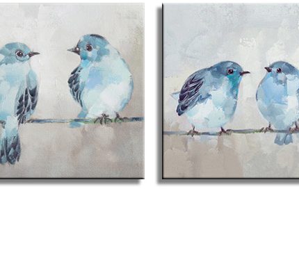 Blauwe vogeltjes op een tak, handgeschilderd olieverfschilderij met vogels