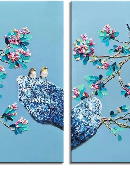 Vogels in de Bloesem, handgeschilderd olieverfschilderij met vogels en bloesem