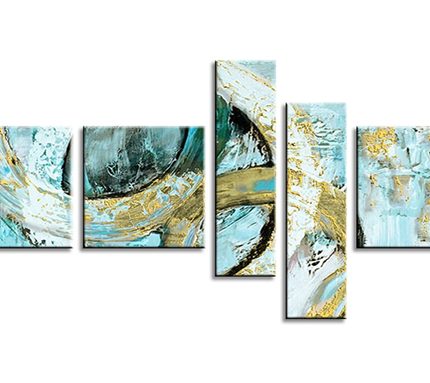 Turquoise Cirkel in Goud, handgeschilderd olieverfschilderij met abstracte kleurvlakken