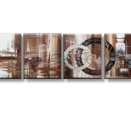 Cirkelspel in Brons, handgeschilderd olieverfschilderij met cirkels en lijnenspel