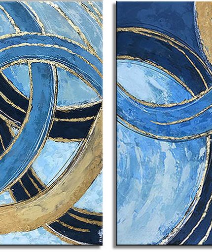 Verweven Cirkels in Blauw en Goud, handgeschilderd olieverfschilderij met cirkels