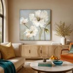 Witte Klaprozen in Zachtgrijs, Bloemen & Stilleven schilderij aan de muur in interieur